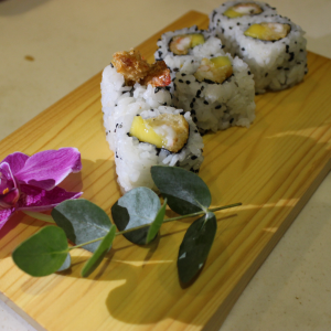 Scampis tempura mangue